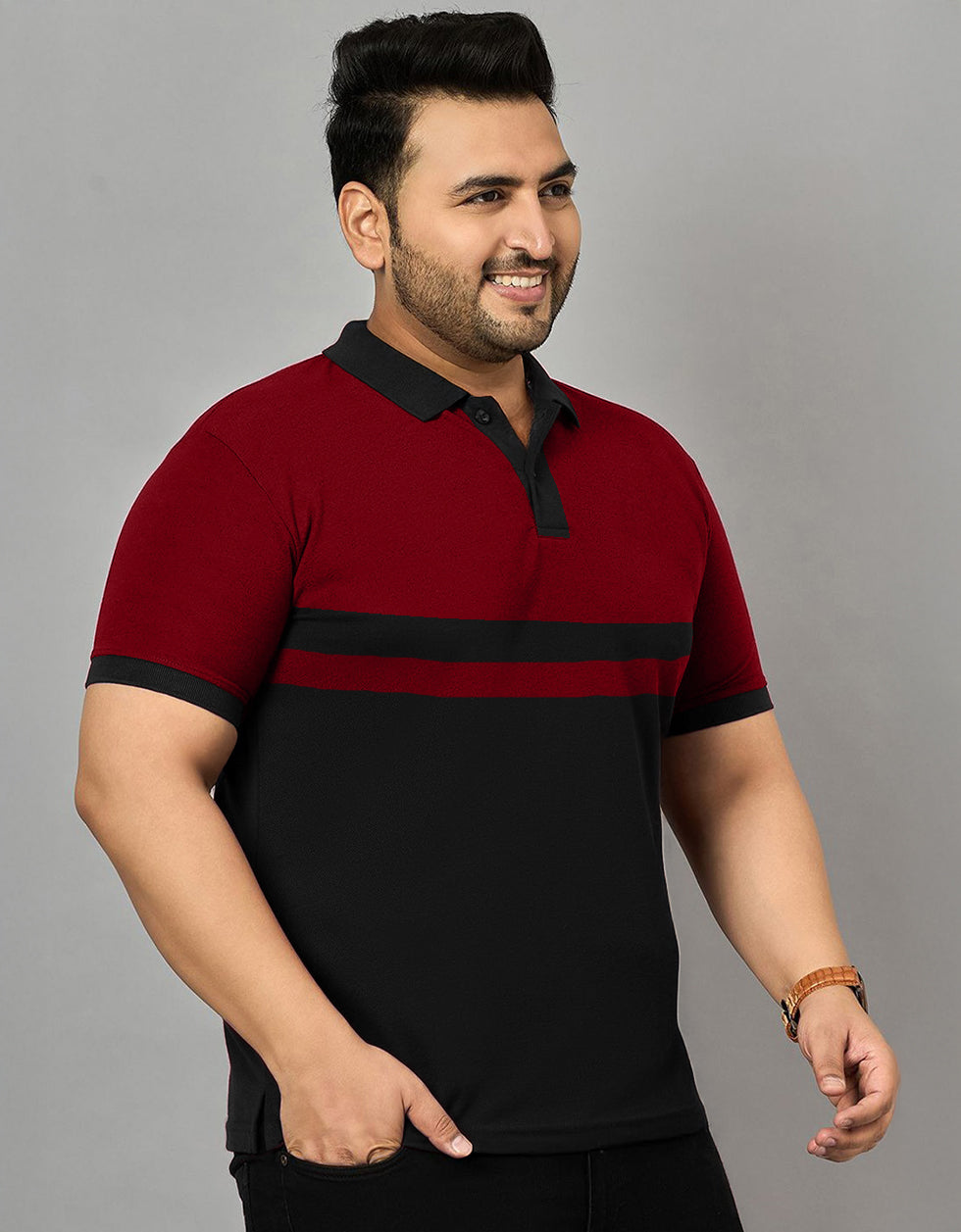 Maroon And Black Striped Plus Size Polo T-shirt