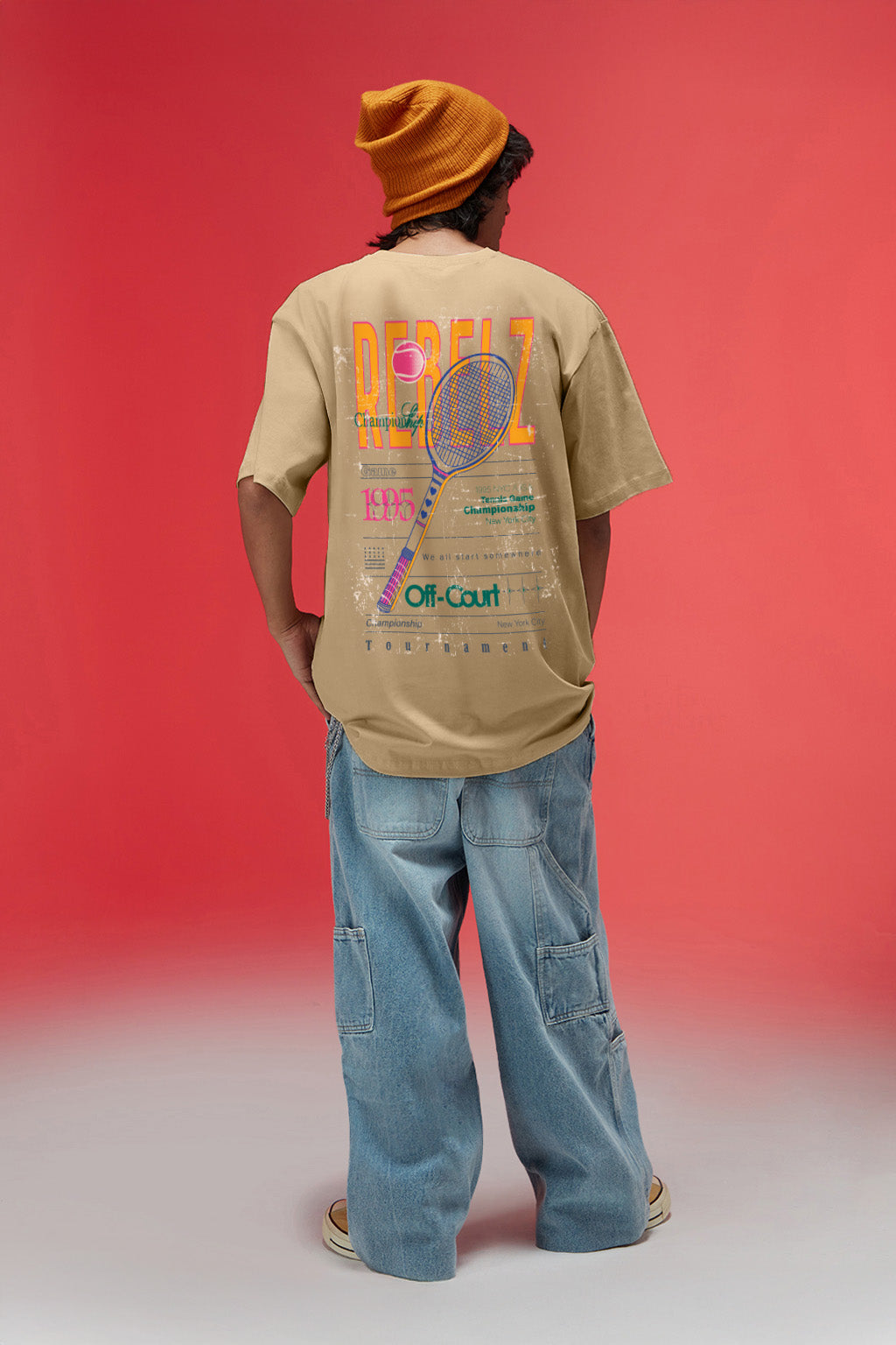 Rebelz Beige Oversized Graphic Printed Exclusive T-shirt