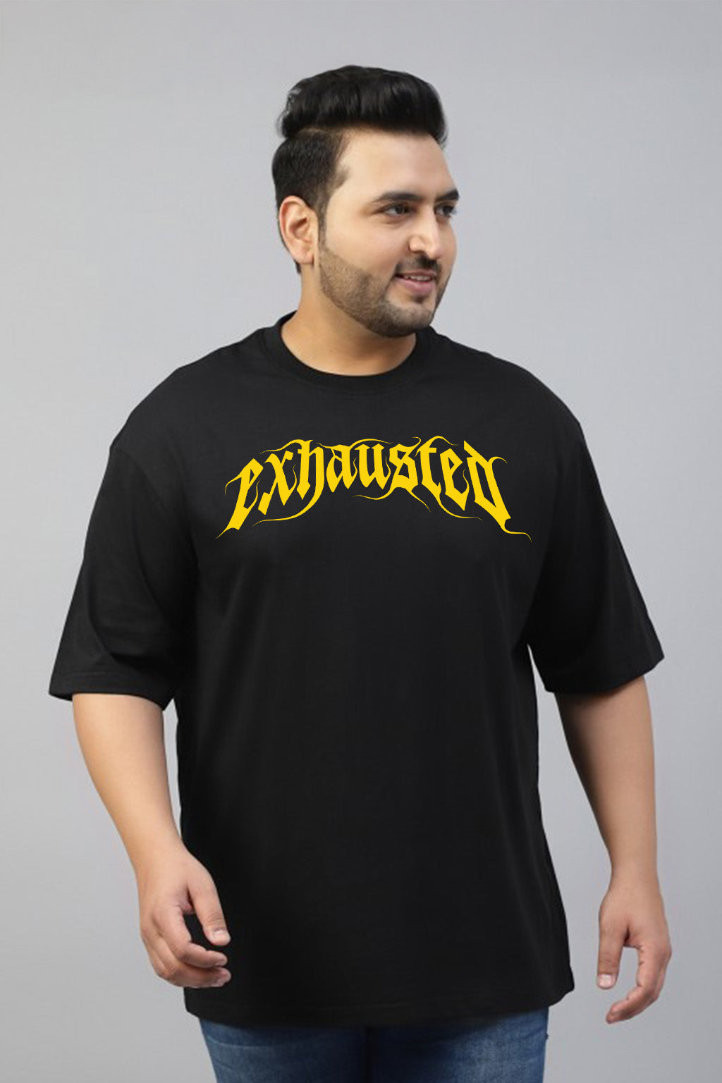 Exhausted Black Graphic Printed Plus Size T-shirt