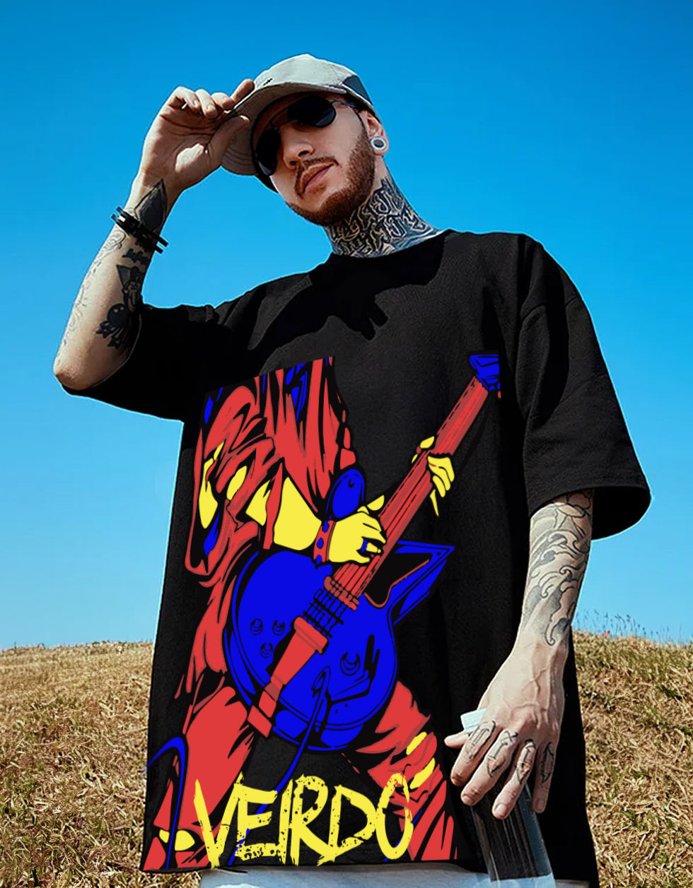 Guitarist Black Oversized Chest Graphic Printed T-shirt