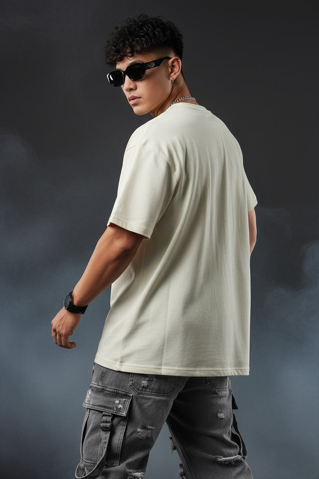 Veirdo Original Beige Oversized Typography Brand Printed T-shirt