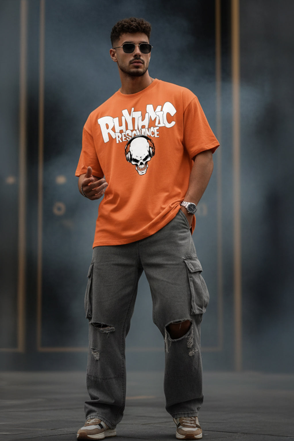 RHYTHMIC Orange Oversized Typographic Front Printed T-shirt