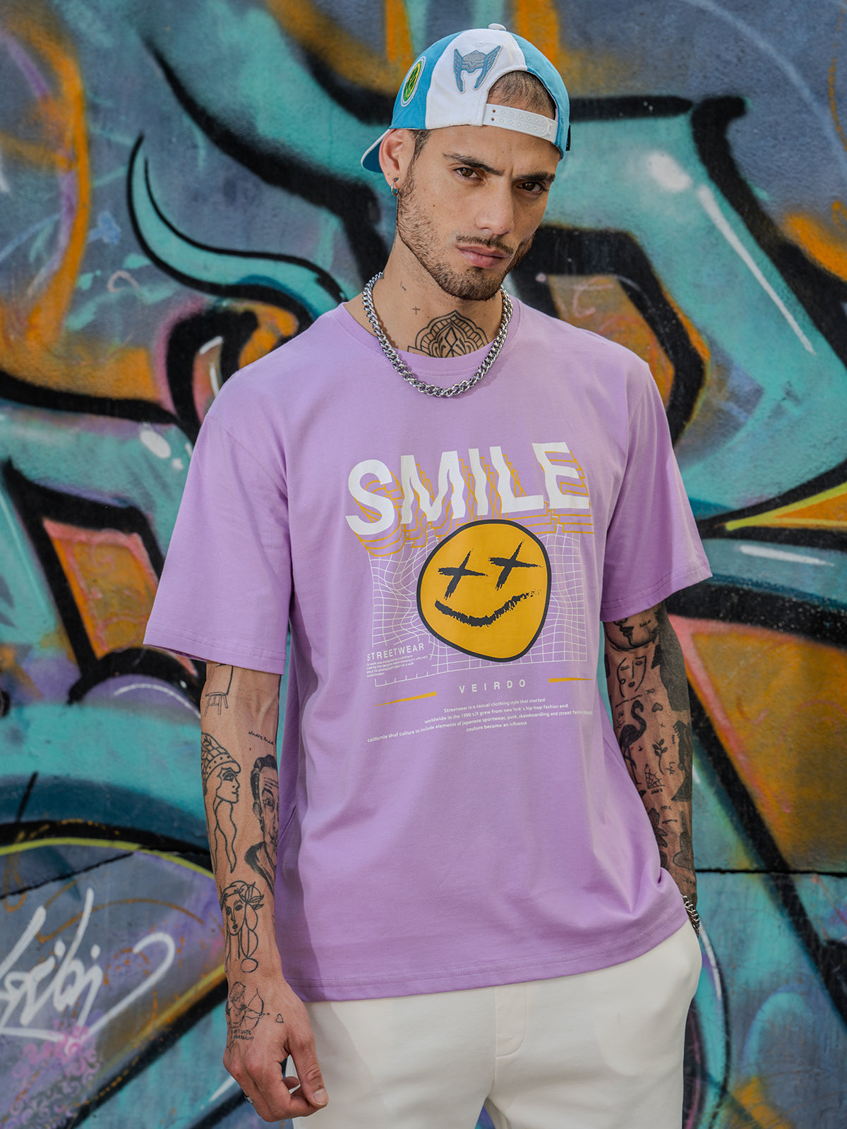 Smile Lilac Oversized Chest Graphic Printed T-shirt