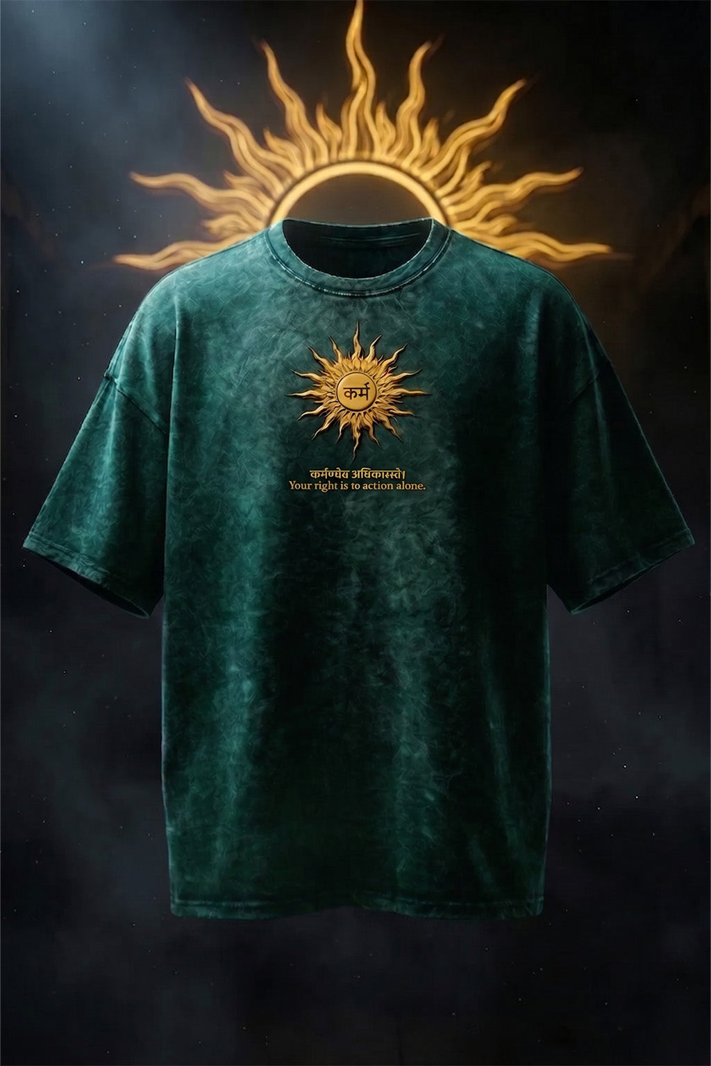 कर्म Green Acid Washed Printed T-shirt - Image 1