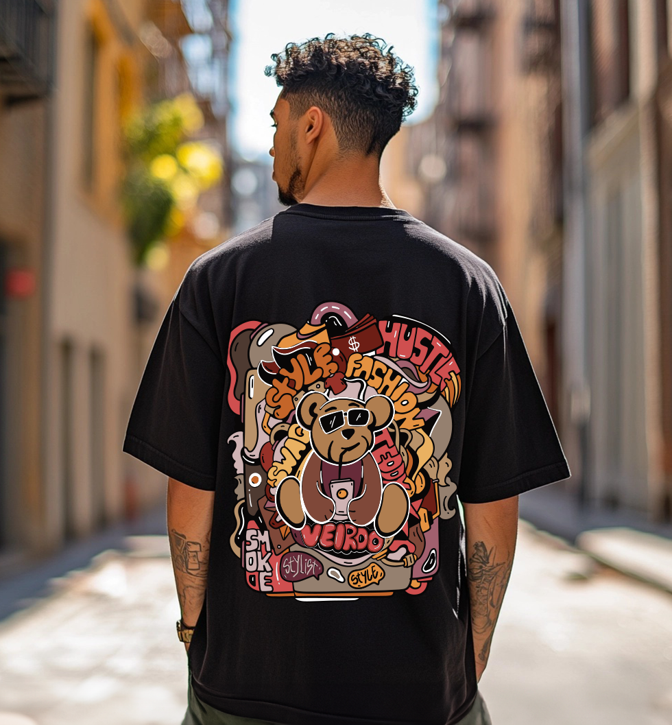 Teddy Black Oversized Back Graphic Printed T-shirt