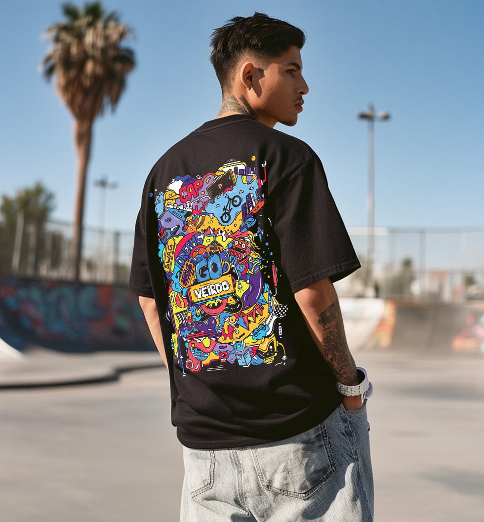 Doodle Black Oversized Back Graphic Printed T-shirt
