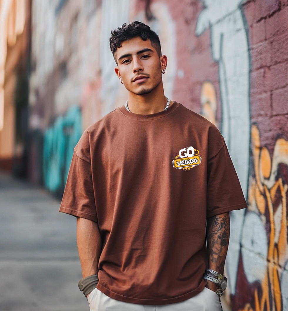Go Veirdo Brown Oversized Pocket Graphic Printed T-shirt