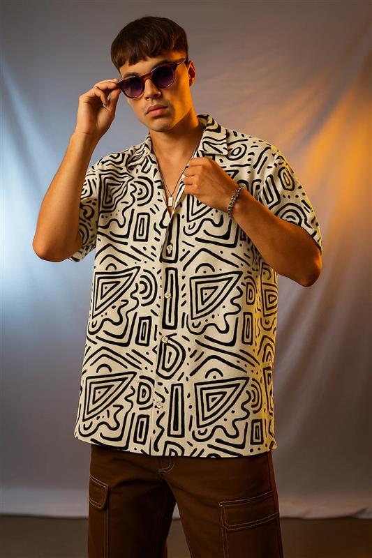 White & Black Camp Collar All Over Print Oversized Exclusive Shirt
