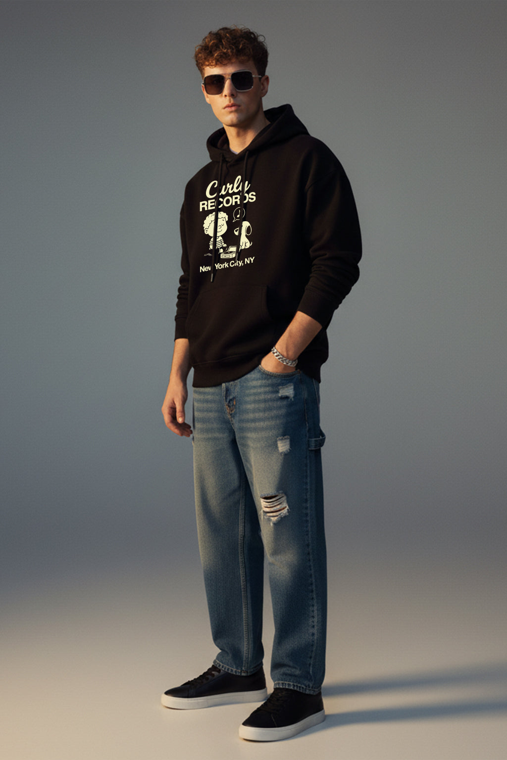 Curly Records Black Oversized Printed Hoodie