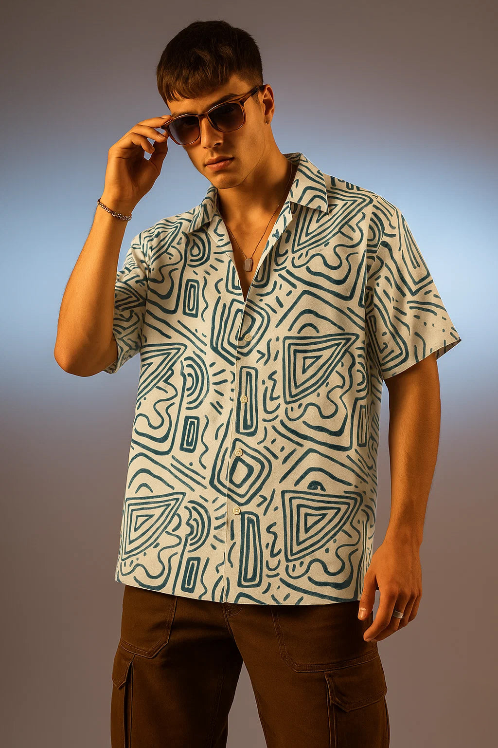 White Blue Camp Collar All Over Print Oversized Exclusive Shirt