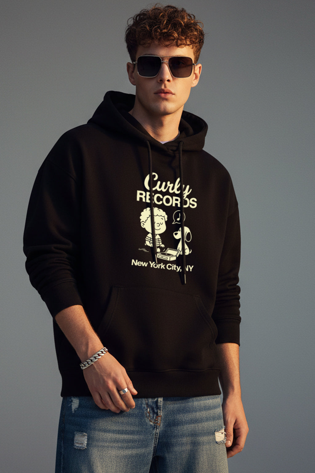 Curly Records Black Oversized Printed Hoodie