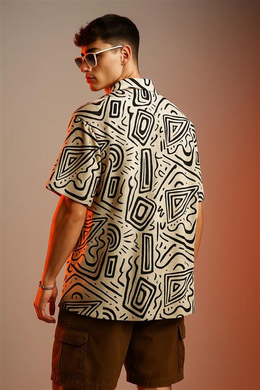 White & Black Camp Collar All Over Print Oversized Exclusive Shirt