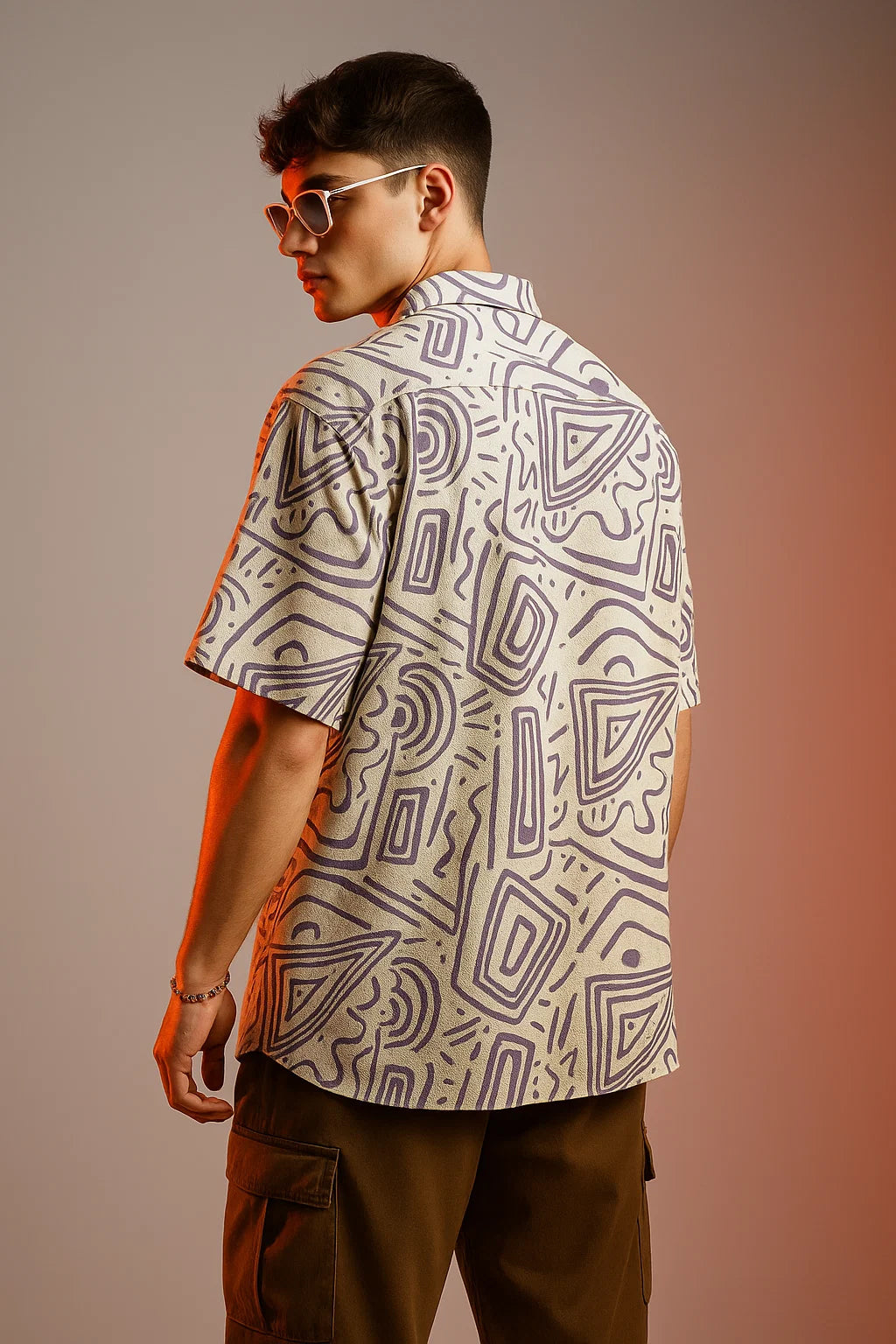 White Lilac Camp Collar All Over Print Oversized Exclusive Shirt