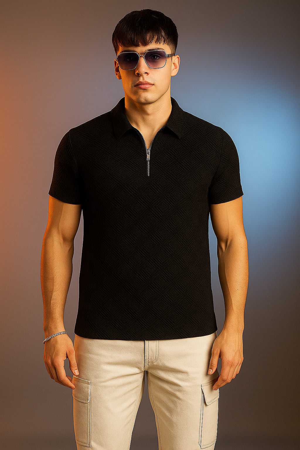 Black Jacquard Plain Regular Fit Zipper Polo T-shirt