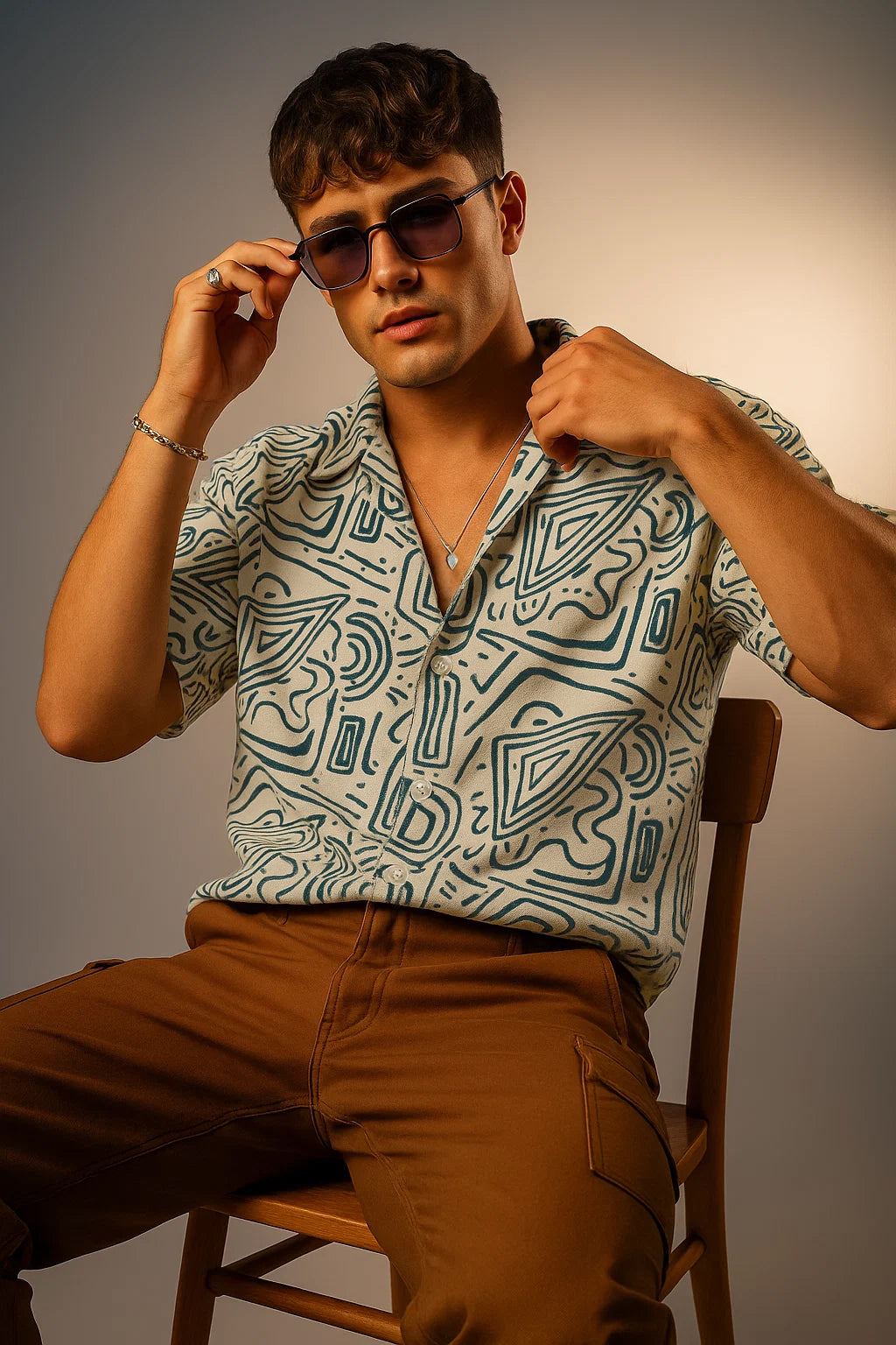 White Blue Camp Collar All Over Print Oversized Exclusive Shirt