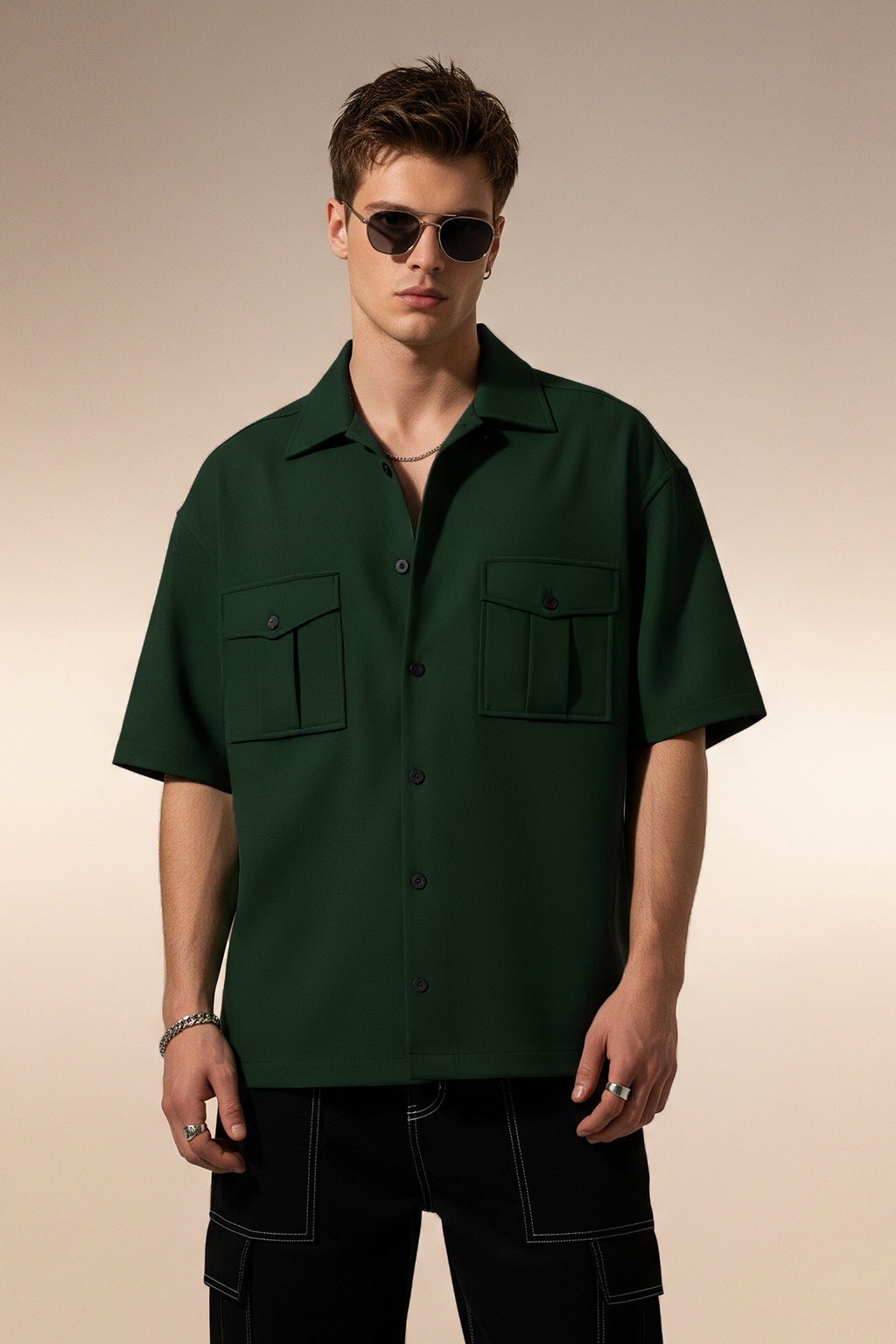 Green Oversized Half Sleeve Dual Pocket Utility Exclusive Shirt