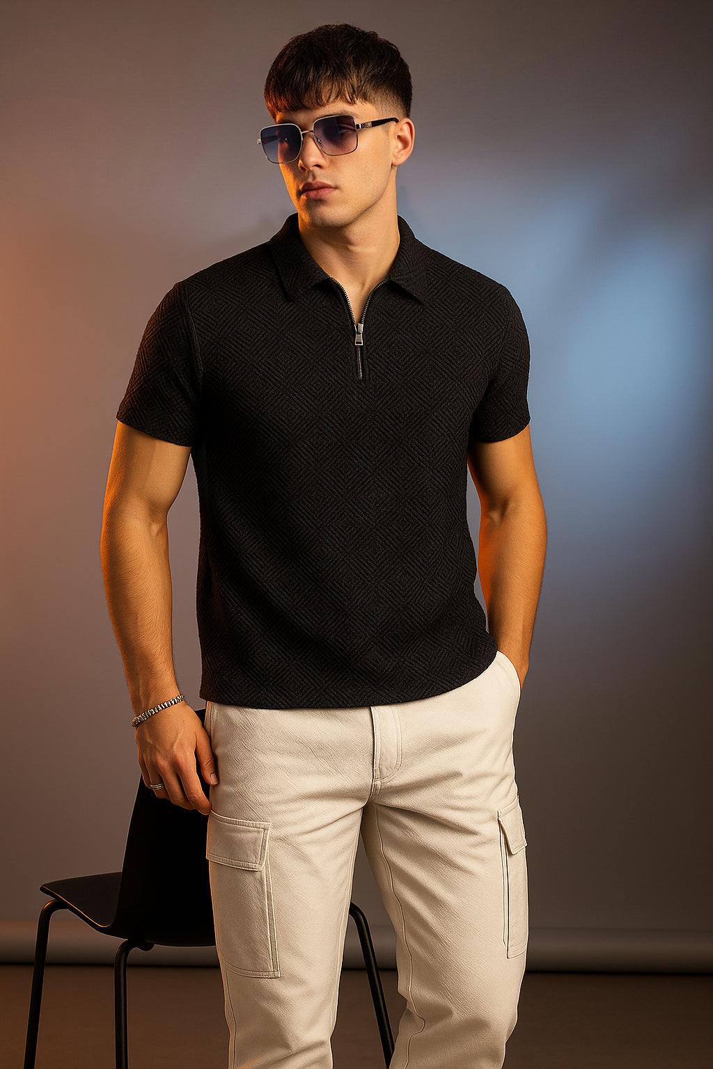 Black Jacquard Plain Regular Fit Zipper Polo T-shirt