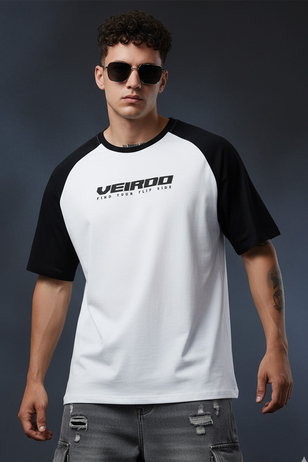 White-Black Raglan Oversized Typography Printed T-shirt