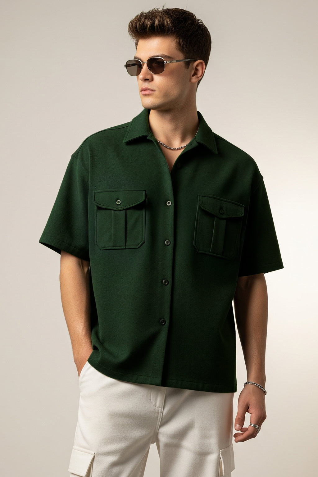 Green Oversized Half Sleeve Dual Pocket Utility Exclusive Shirt