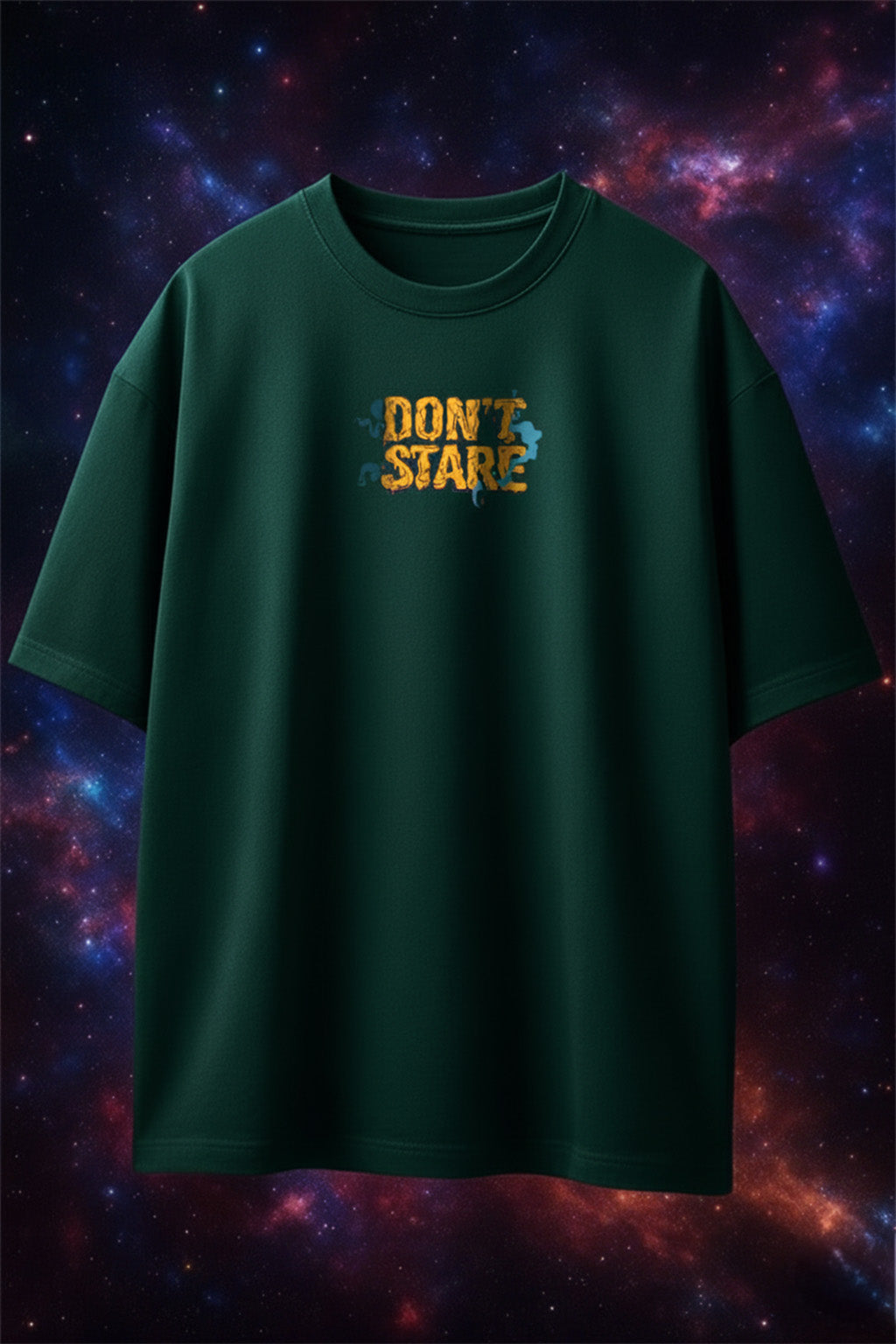 Don't Stare Green Oversized Puff Printed Exclusive T-shirt