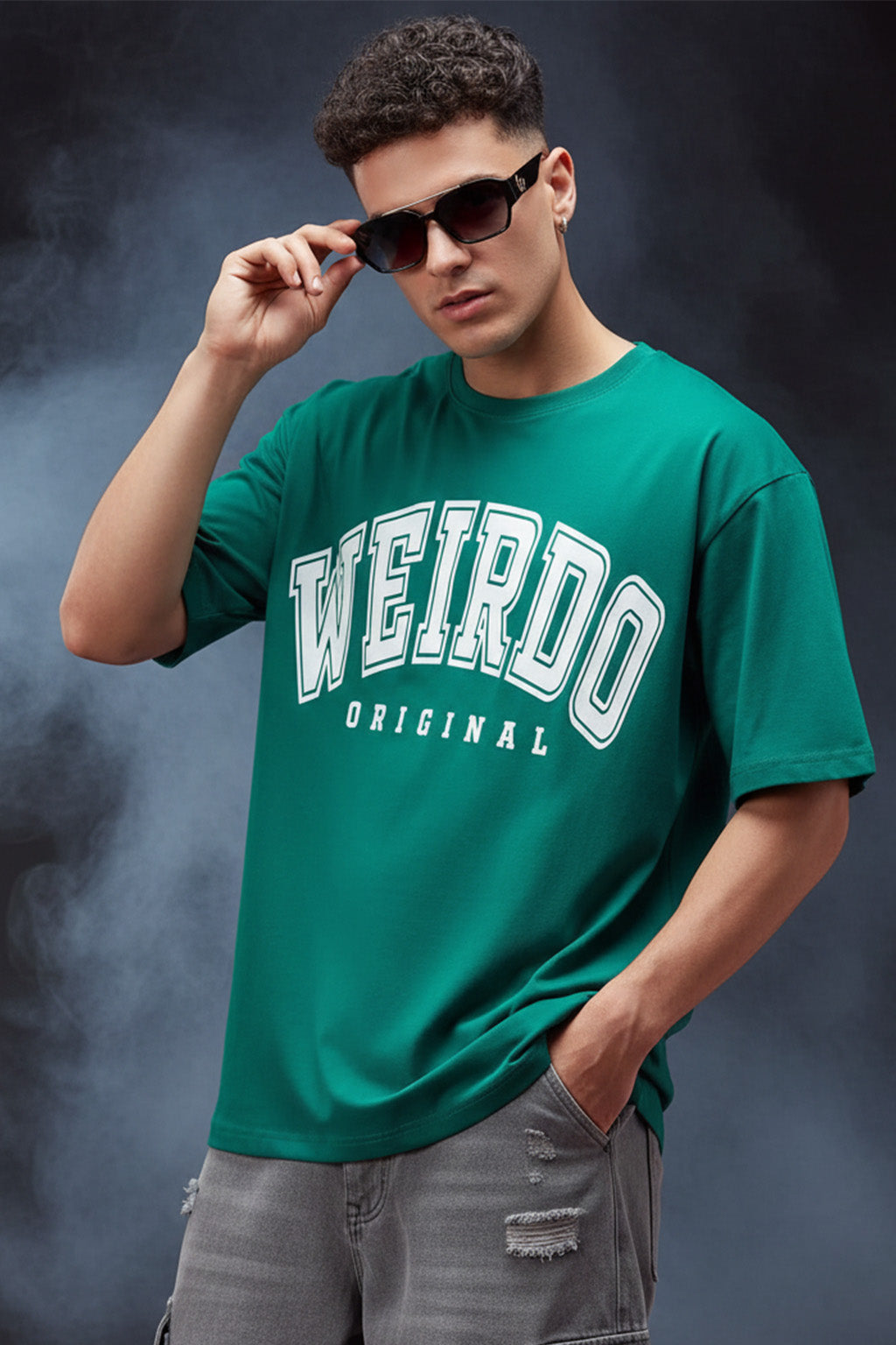 Veirdo Original Green Oversized Typography Brand Printed  T-shirt