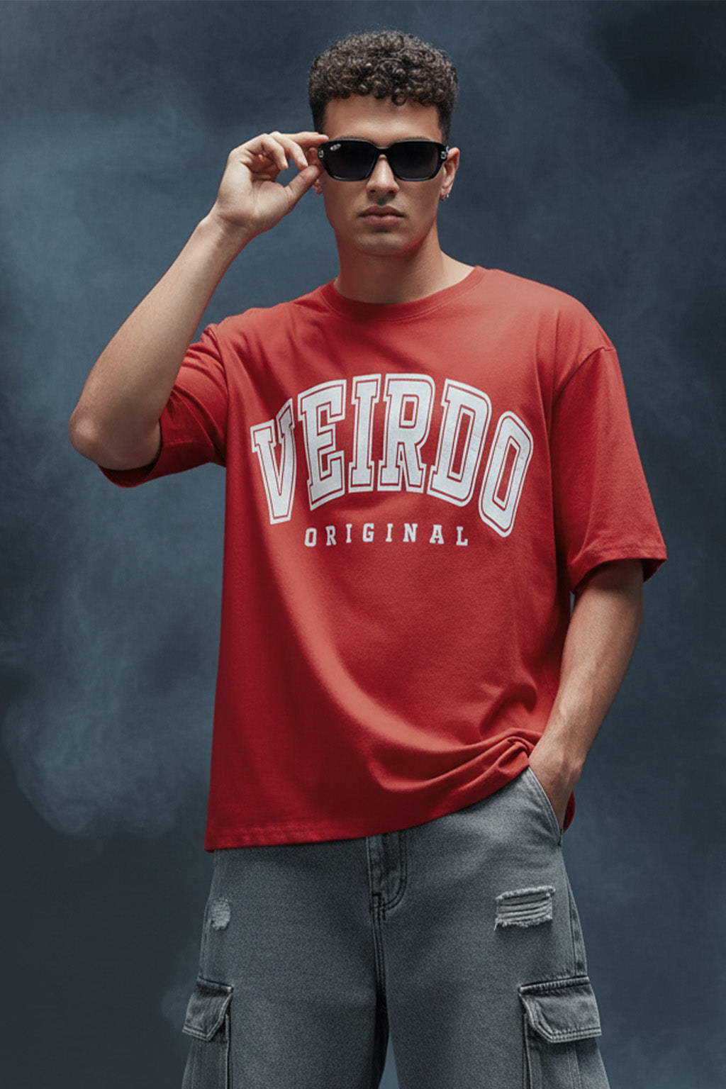Veirdo Original Red Oversized Typography Brand Printed  T-shirt