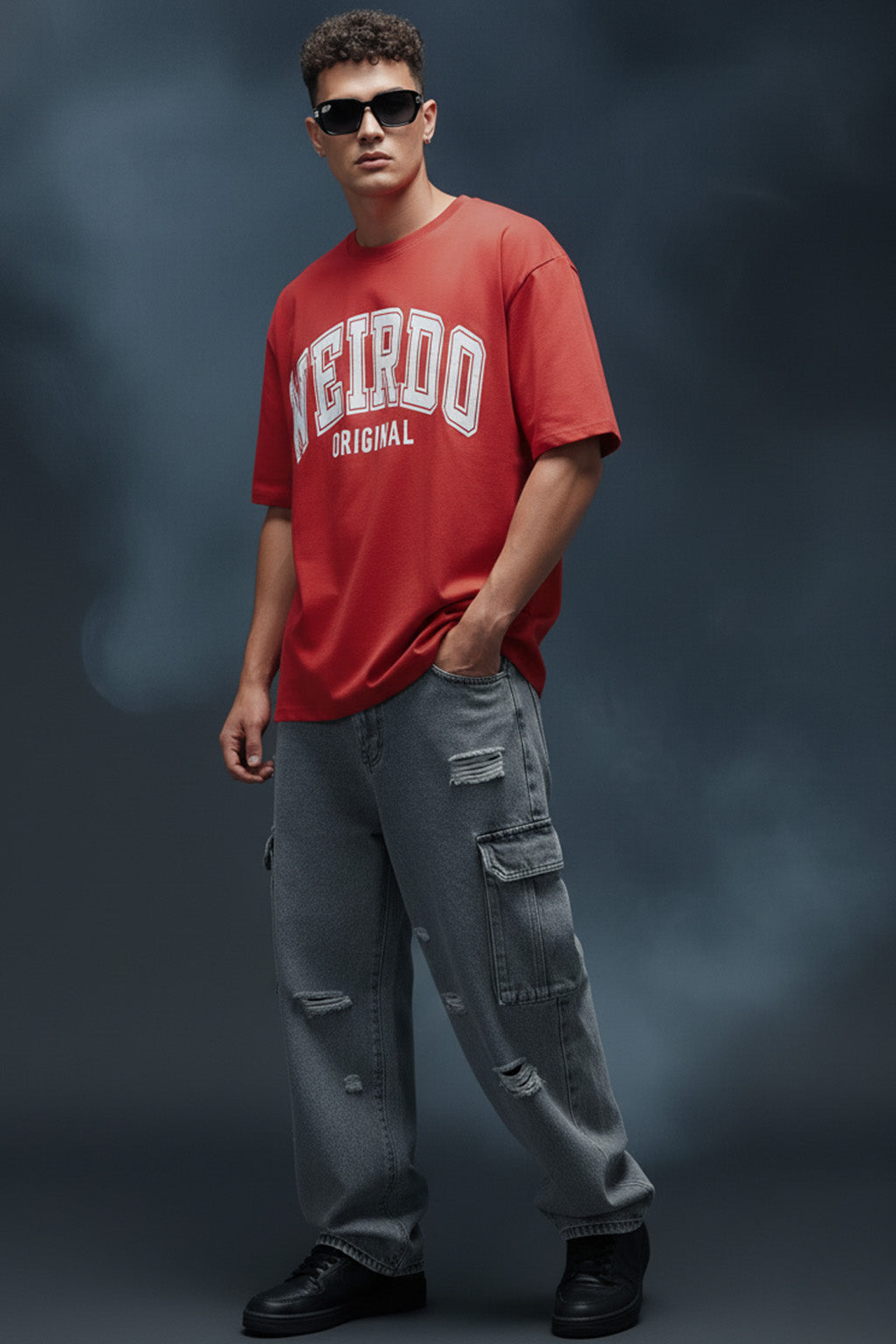 Veirdo Original Red Oversized Typography Brand Printed  T-shirt