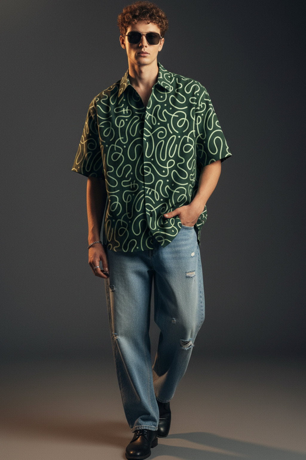 Abstract Maze Green All Over Print Oversized Exclusive Shirt