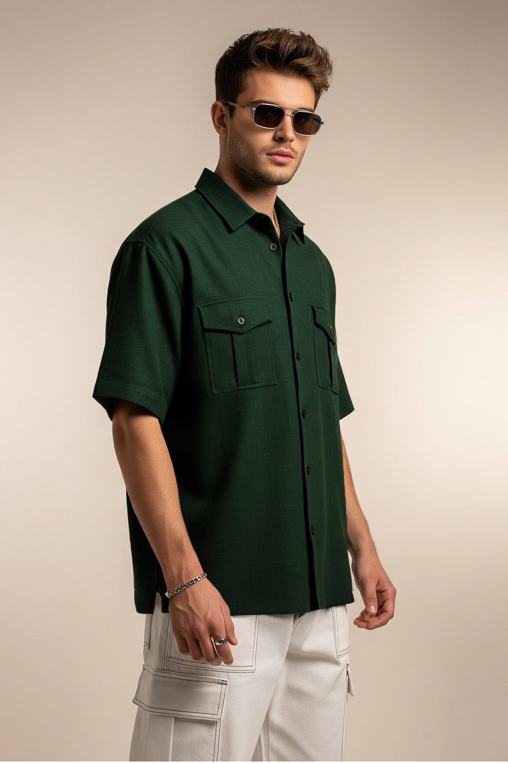 Green Oversized Half Sleeve Dual Pocket Utility Exclusive Shirt