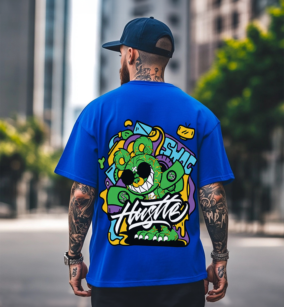 HUSTLE Blue Oversized Graphic Back Printed T-shirt