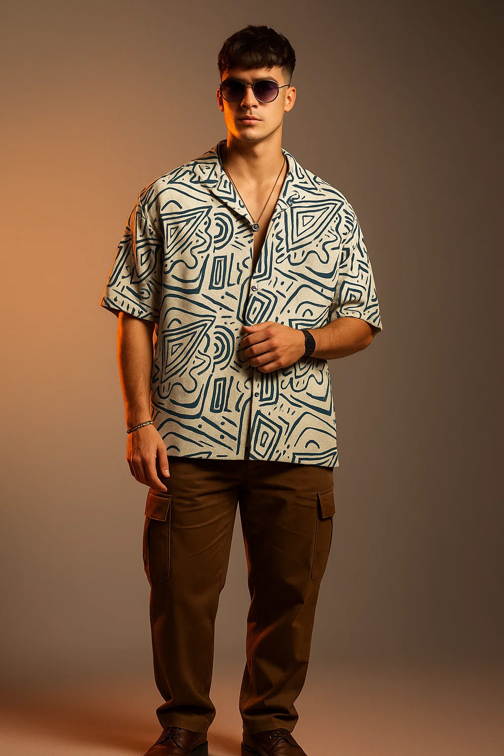 White Blue Camp Collar All Over Print Oversized Exclusive Shirt