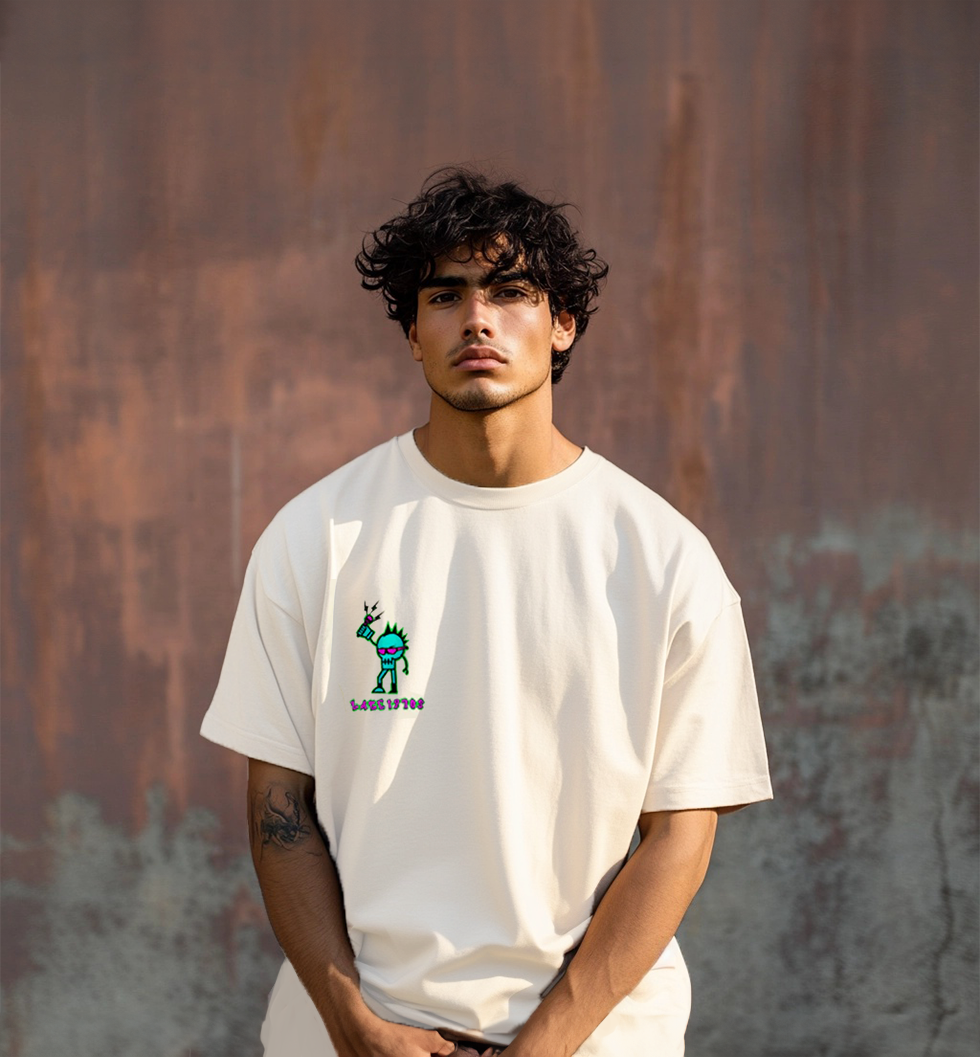 Punk Beige Oversized Placement Graphic Printed T-shirt
