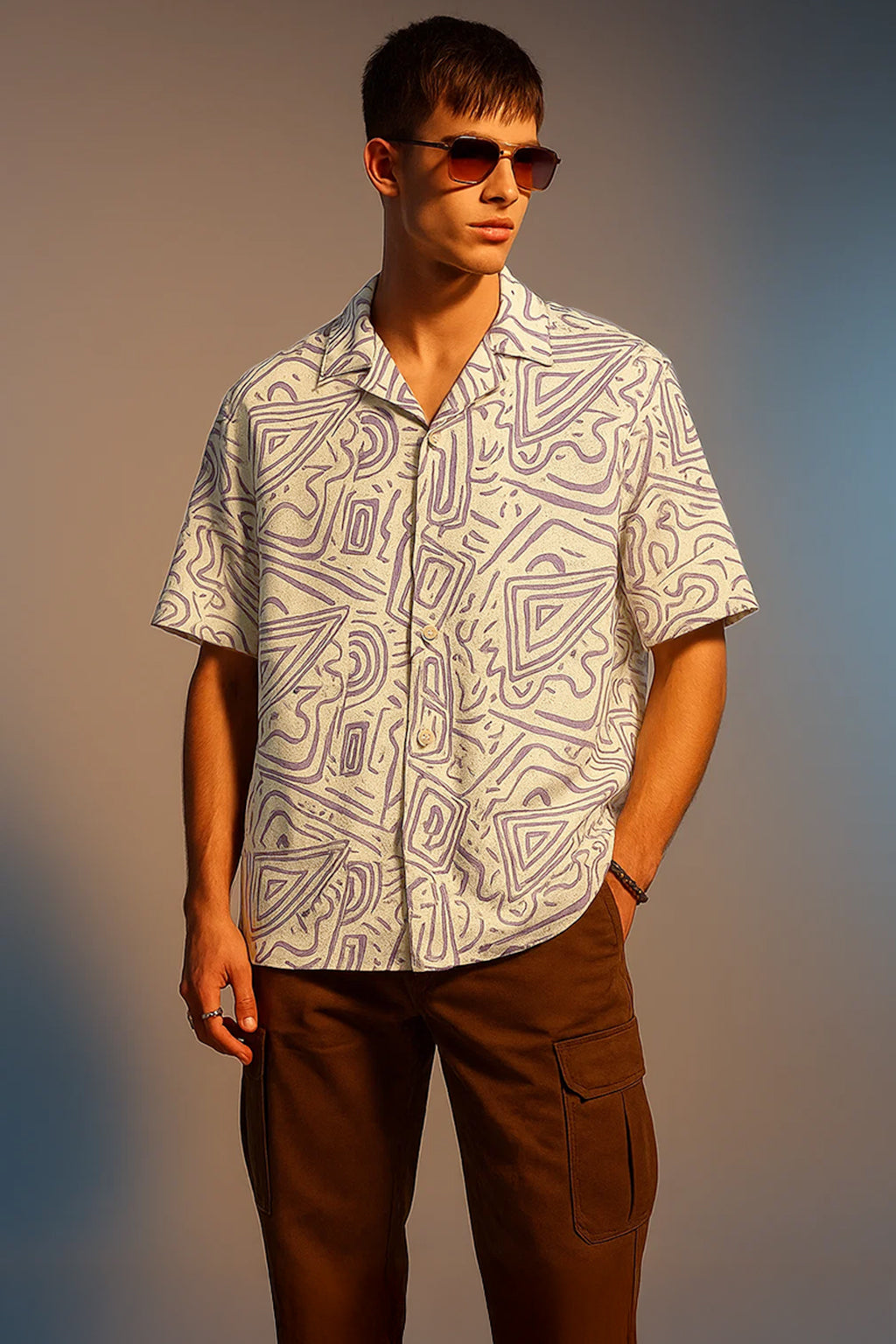 White Lilac Camp Collar All Over Print Oversized Exclusive Shirt