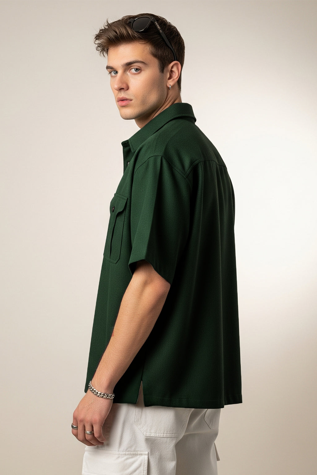 Green Oversized Half Sleeve Dual Pocket Utility Exclusive Shirt