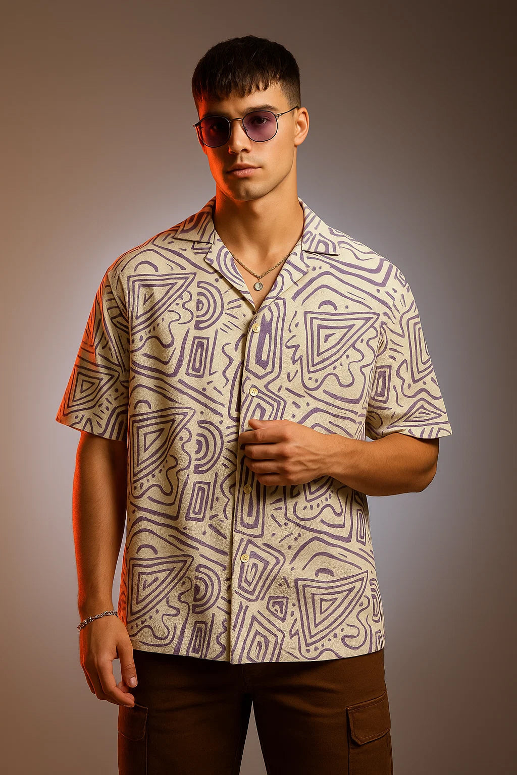 White Lilac Camp Collar All Over Print Oversized Exclusive Shirt