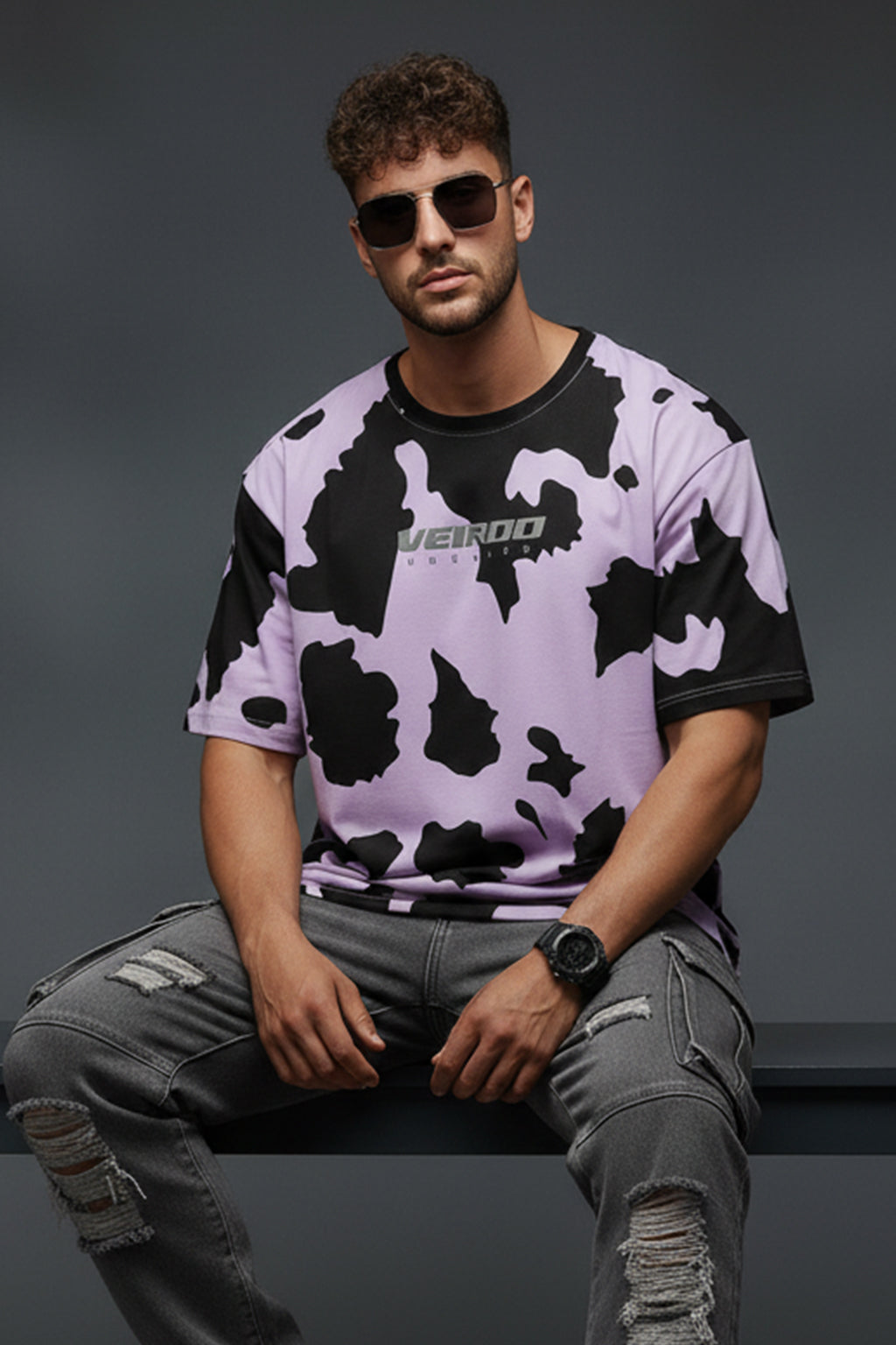 Cow Lilac Oversized All Over Animal Printed T-shirt