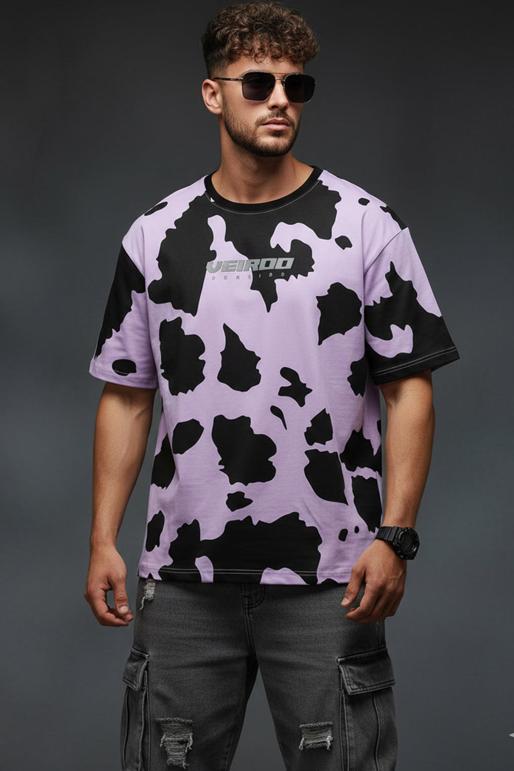 Cow Lilac Oversized All Over Animal Printed T-shirt