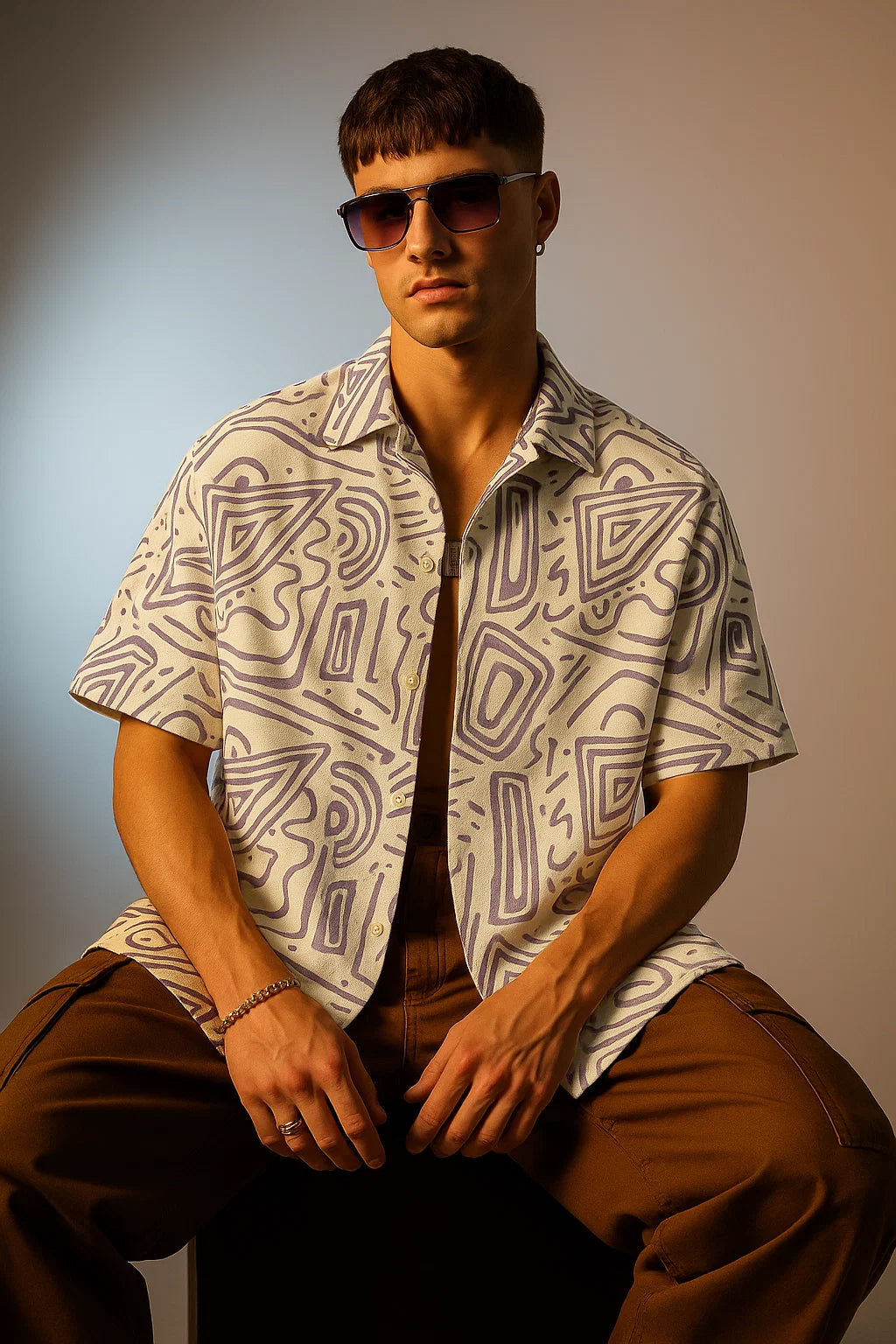 White Lilac Camp Collar All Over Print Oversized Exclusive Shirt