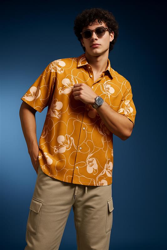 Golden Ochre Floral All Over Print Oversized Exclusive Shirt