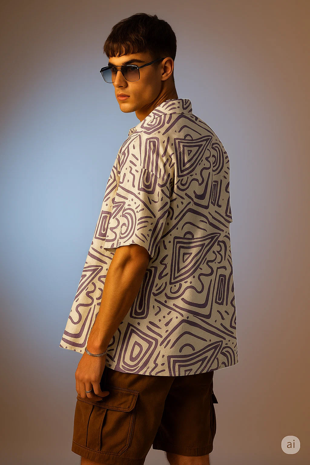 White Lilac Camp Collar All Over Print Oversized Exclusive Shirt