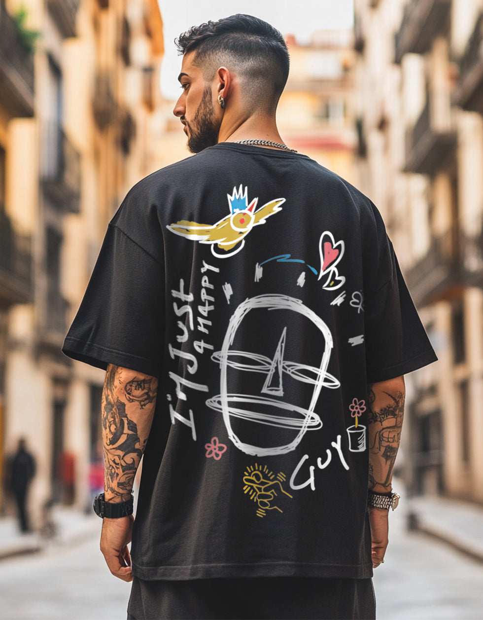 Happy Guy Black Oversized Back Graphic Printed T-shirt