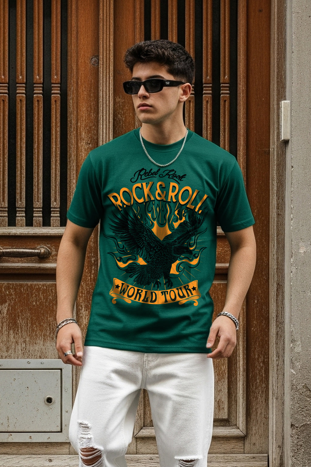 Rock And Roll Green Regular Fit Printed T-shirt