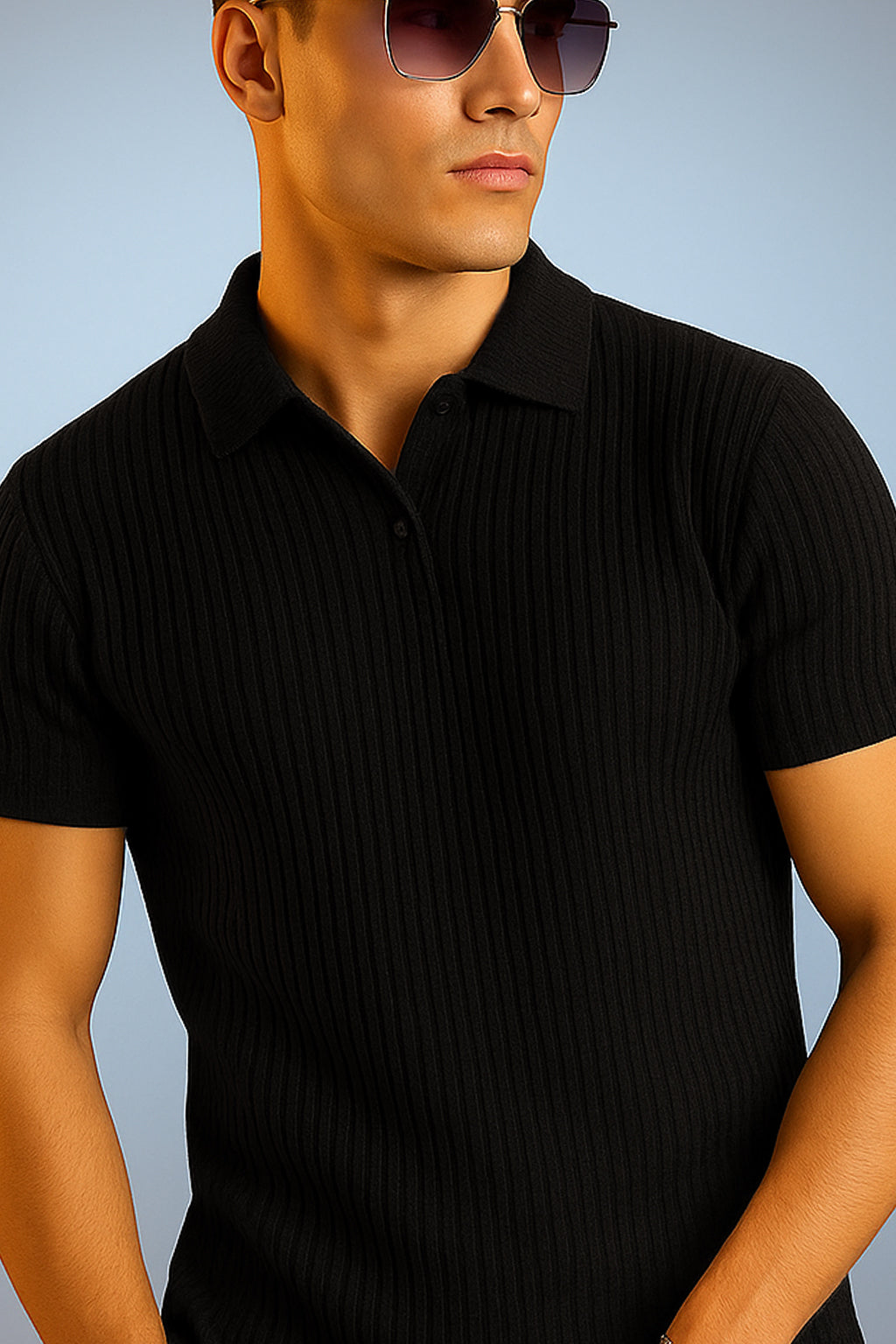 Black Textured Plain Regular Fit Button Polo T-shirt