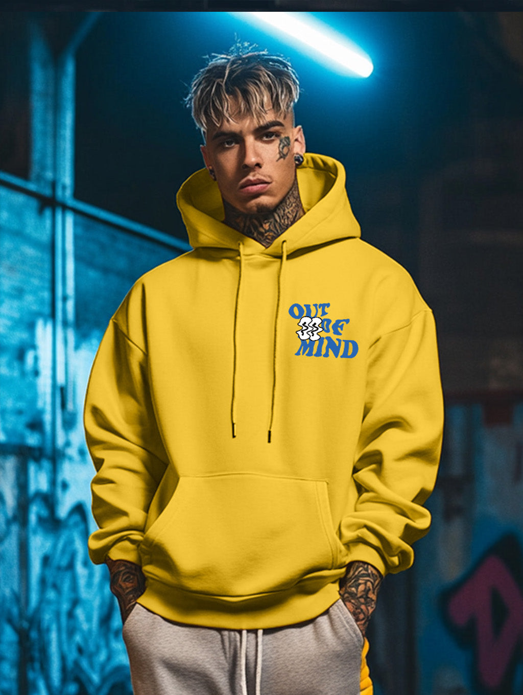 Out of Mind Mustard Oversized Pocket Typographic Printed Hoodie