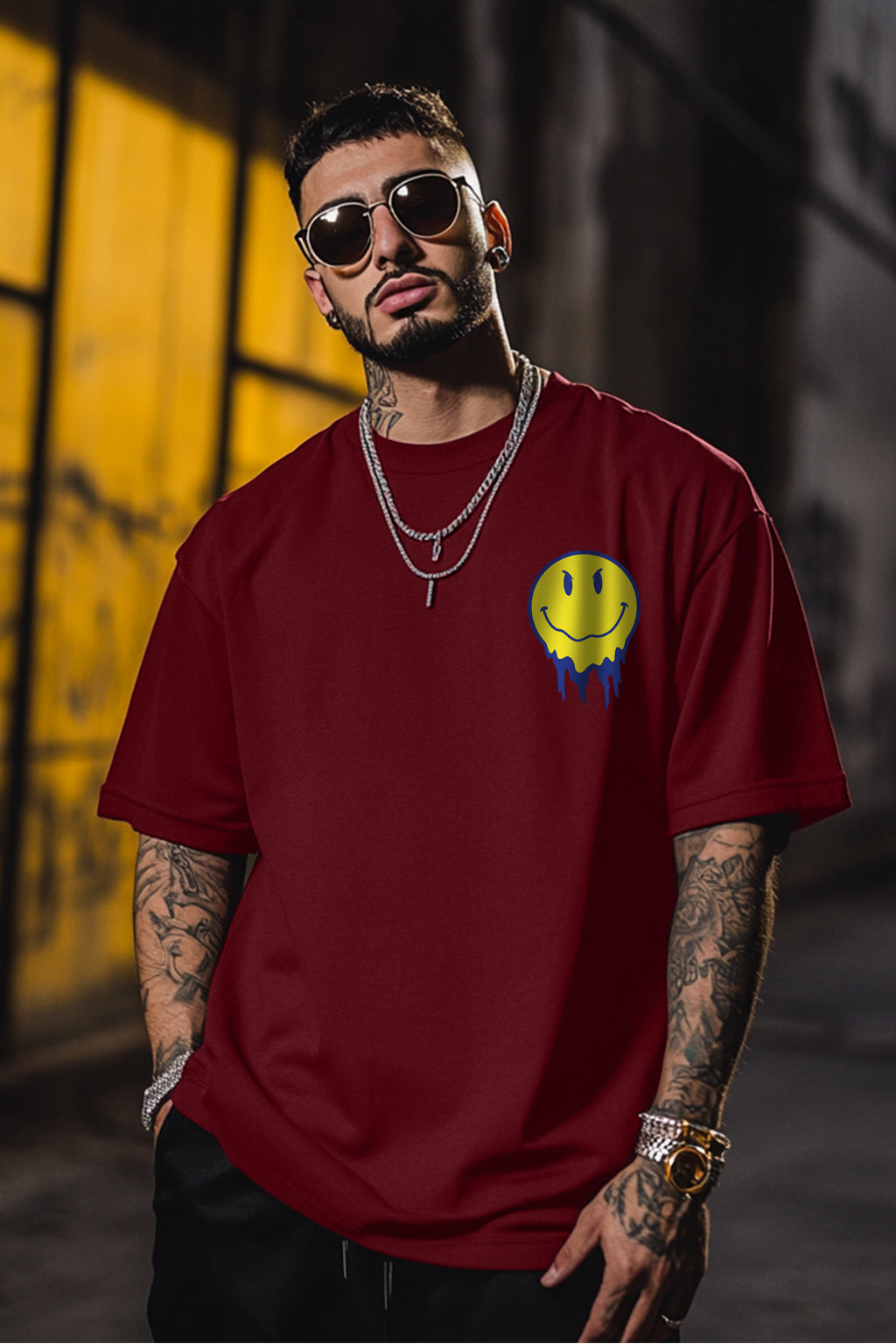 Smile Maroon Oversized Pocket Back Graphic Printed T-shirt