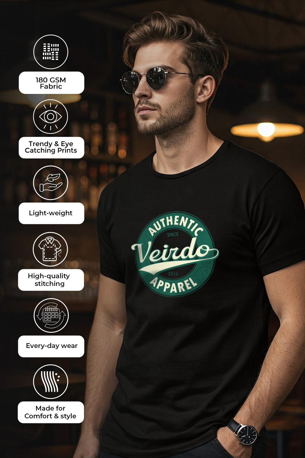Veirdo Authentic Black Regular Fit Printed T-shirt