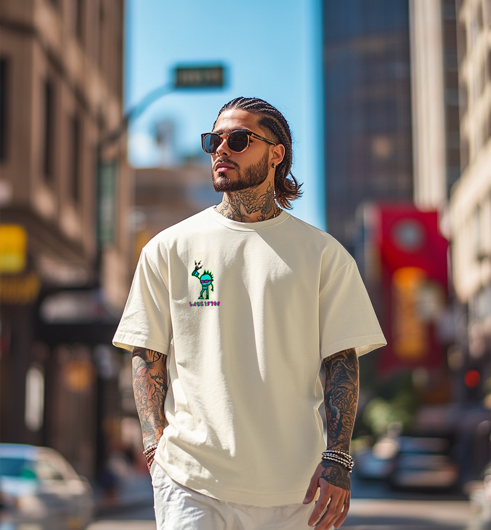 Punk Beige Oversized Placement Graphic Printed T-shirt