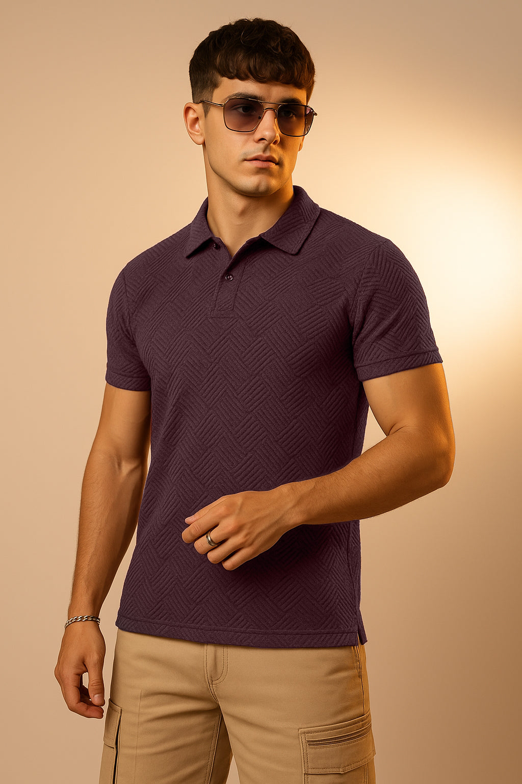 Maroon Jacquard Plain Regular Fit Button Polo T-shirt