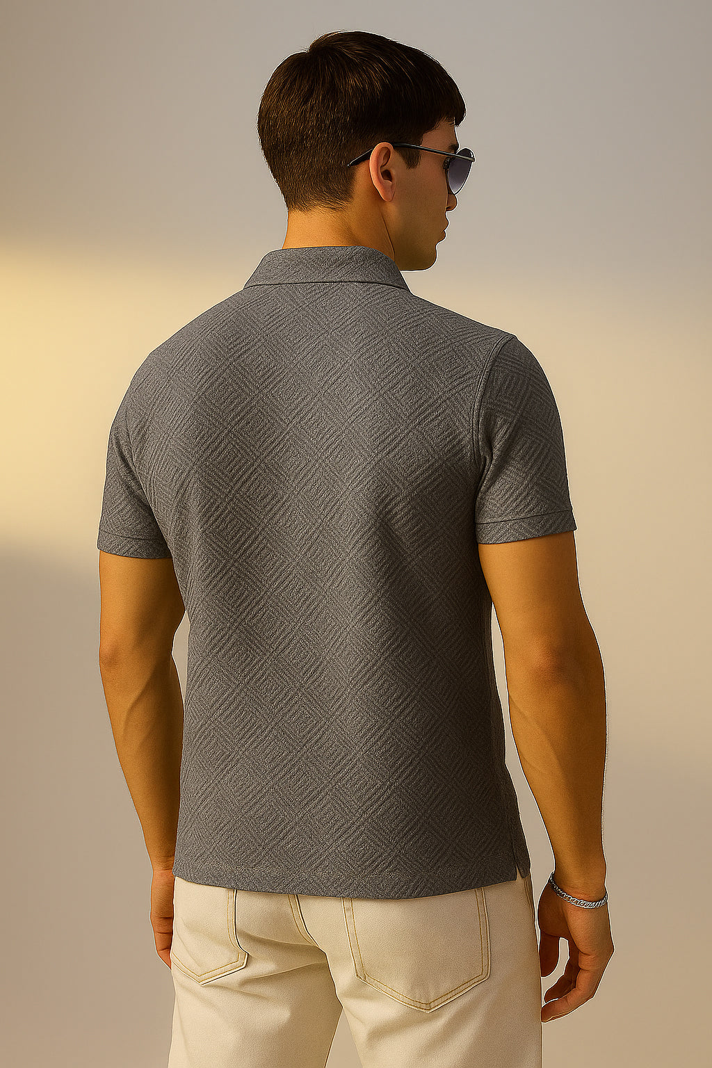 Grey Jacquard Plain Regular Fit Button Polo T-shirt