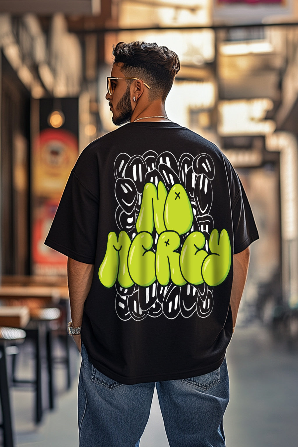 NO MERCY Black Back Oversized Typographic Printed Tshirt